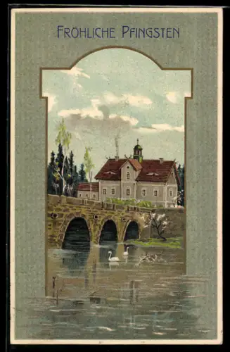 AK Flusspartie mit Brücke, Pfingsten