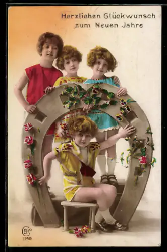 AK Kinder mit grossem Hufeisen, Neujahrswünsche