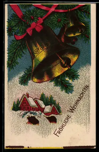 AK Glocken und Häuser eines Dorfes im Schnee, Weihnachtsgrüsse