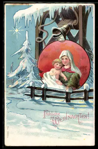 Lithographie Glocke und Madonna mit dem Kinde, Weihnachtsgrüsse