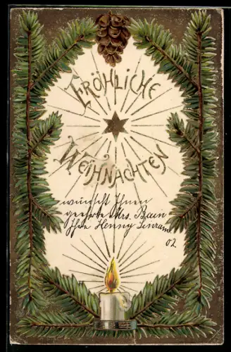 AK Brennende Weihnachtskerze, Tannenzweige und Kiefernzapfen