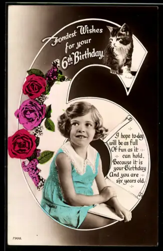 AK Mädchen und kleine Katze, Geburtstagswünsche zum sechsten Geburtstag