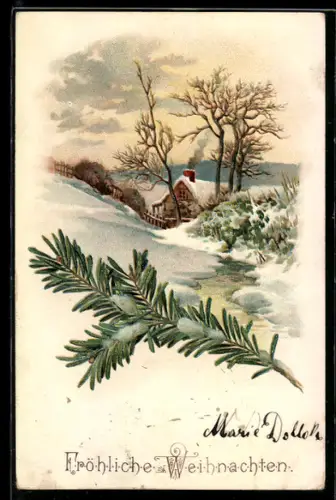 AK Wohnhaus im Schnee am Bachlauf, Weihnachtsgrüsse