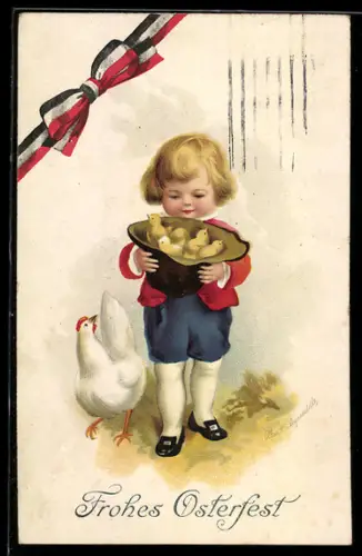 Künstler-AK Kleines Mädchen trägt Osterküken im Hut