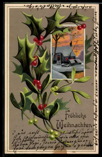 AK Wohnhaus im Schnee und Stechpalmenzweig, Weihnachtsgrüsse