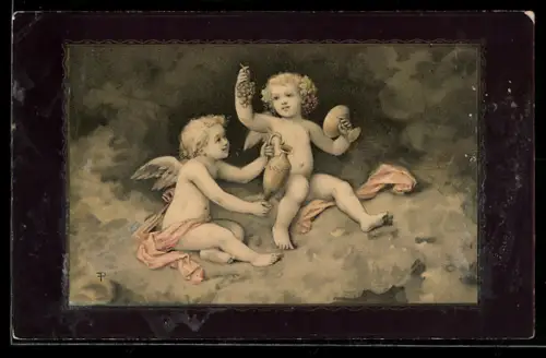 AK Engel sitzen mit Weintrauben und Wein in den Wolken