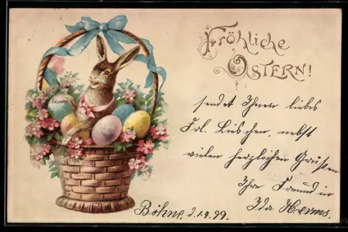 AK Osterhase sitzt zwischen Ostereiern in einem Korb, Fröhliche Ostern!