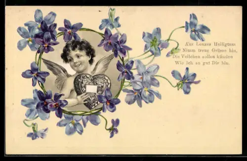 AK Engel mit Herz und blauen Blumen