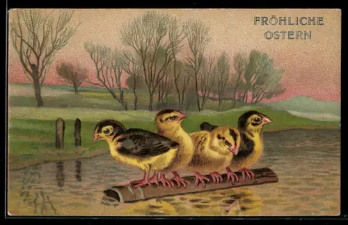 AK Osterküken treiben auf einem Holzstamm durchs Wasser