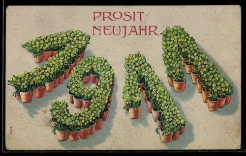 Präge-AK Blumentöpfe mit Kleeblättern bilden die Jahreszahl 1911