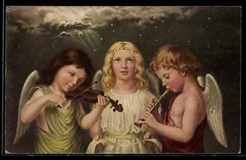 AK Engel musizieren mit Geige und Flöte am Himmel