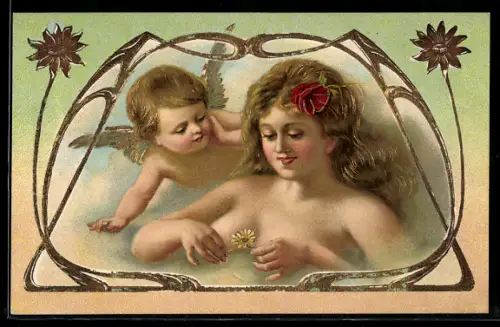 AK Amor beobachtet die Frau, die verträumt die Blätter an der Blüte abzählt, Jugendstil-Ornamentik