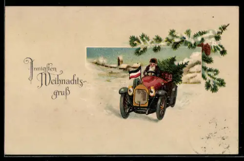AK Weihnachtsmann fährt mit dem Auto durch den Schnee