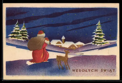 AK Weihnachtsmann stapft mit einem Sack voller Geschenke durch den Schnee