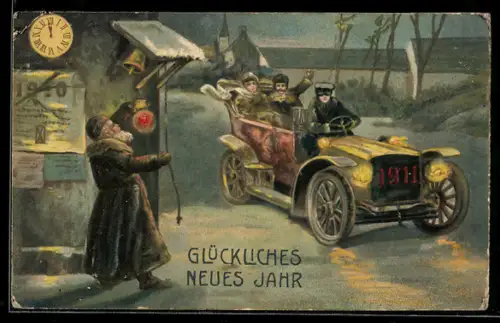 AK Autofahrt ins neue Jahr 1911
