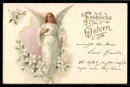 AK Osterengel wird von weissen Blüten eingerahmt, Fröhliche Ostern