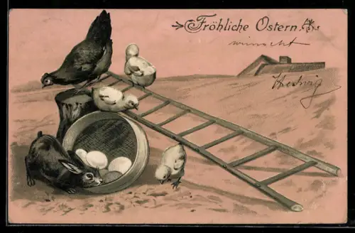 AK Osterhase und Osterküken mit einem Korb voller Eier