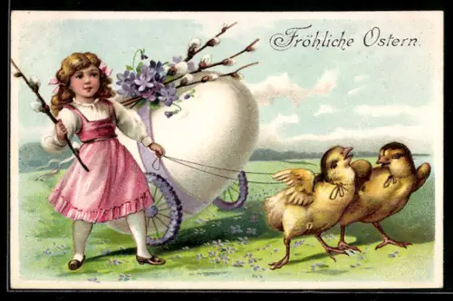 AK Zwei Osterküken ziehen ein Ostereri, Fröhliche Ostern