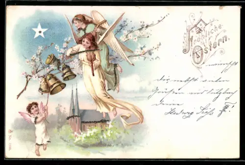 AK Musizierende Osterengel, kleiner Engel läutet Glocken