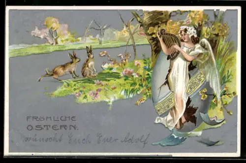 AK Easter Greetings, Osterengel und Hasen