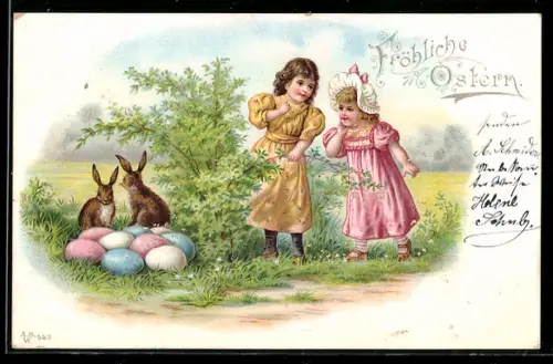 AK kleine Mädchen mit Hasen am Osternest, Ostern