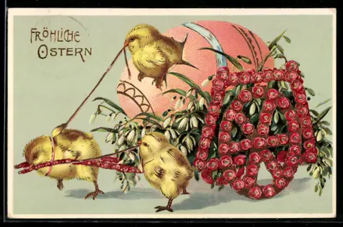 AK Osterküken ziehen einen geschmückten Wagen mit einem grossen Osterei