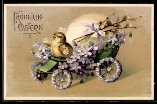 AK Osterküken in einem Auto mit Vergissmeinnicht und Weidenkätzchen, Fröhliche Ostern