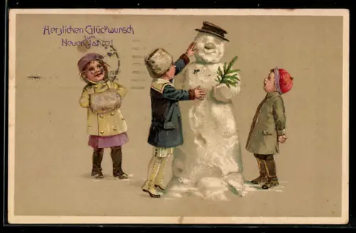 AK Kinder freuen sich über den lustigen Schneemann