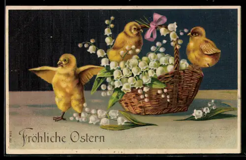 Präge-AK Osterküken flattern fröhlich um einen Korb voller Maiglöckchen, Fröhliche Ostern