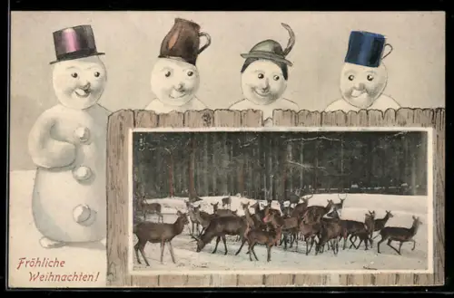 AK Schneemänner mit Hut, Rehe auf Futtersuche im Schnee