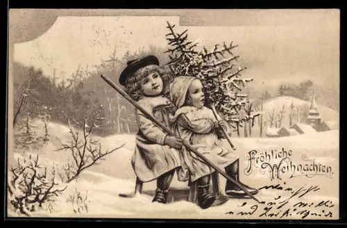 AK Kinder im Schnee halten einen kleinen Tannenbaum im Arm, Fröhliche Weihnachten