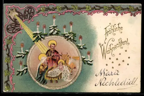 Präge-AK Maria und Josef beten am Bett des Jesus-Kindes, Fröhliche Weihnachten