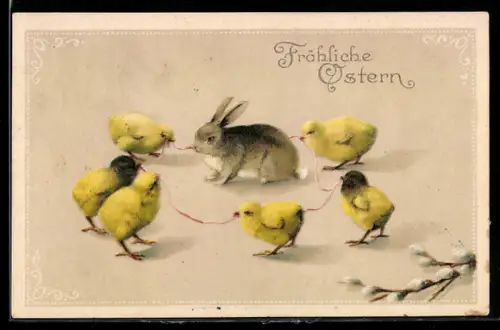 Präge-AK Niedliche Osterküken umzingeln den arglosen Osterhasen, Fröhliche Ostern