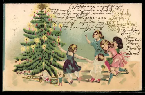 AK Kinder tanzen um den Weihnachtsbaum, Weihnachtsgruss