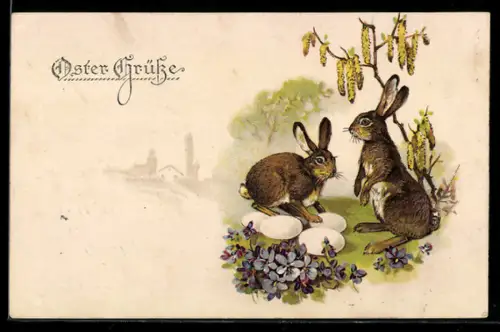 AK Osterhasen mit Eiern und Birkenblüten