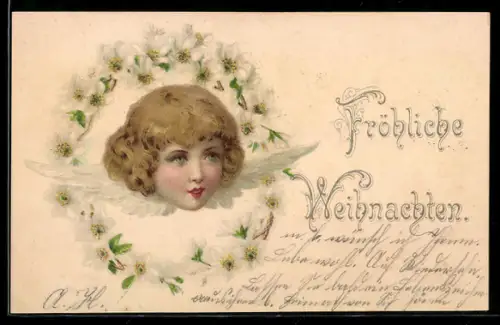 AK Weihnachtsengel wird von einem Blumenkranz eingerahmt, Fröhliche Weihnachten
