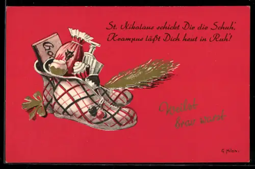 Künstler-AK Krampus, Mit Süssigkeiten gefüllte Schuhe