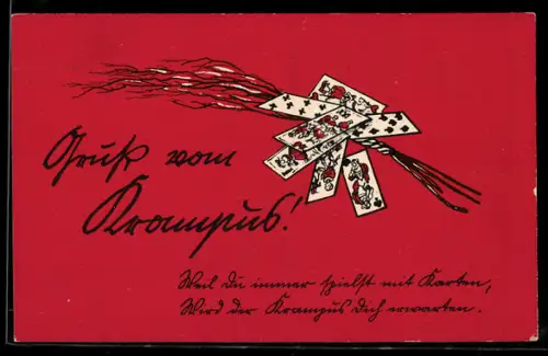 AK Gruss vom Krampus, Rute mit Spielkarten