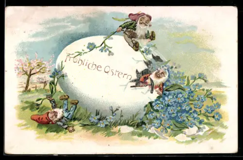 AK Zwerge spielen mit dem grossen Osterei auf der Wiese, Fröhliche Ostern
