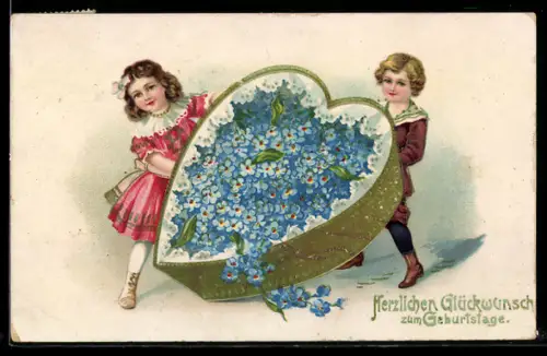 AK Kinder gratulieren mit einem mit Blumen gefüllten Herz, Glückwunsch zum Geburtstag