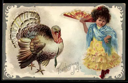 AK Mädchen mit Fächer betrachtet den prachtvollen Truthahn, Thanksgiving