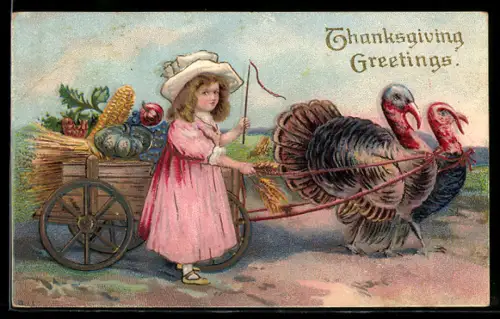 AK Mädchen mit einem Truthahn-Gespann voller Obst u. Gemüse, Glückwunsch zum Thanksgiving