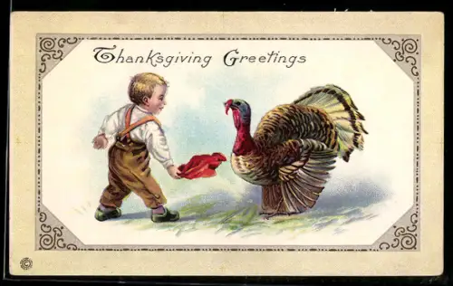 AK Junge spielt mit dem Truthahn, Thanksgiving Greetings