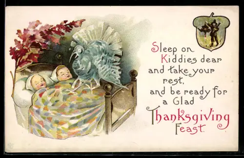 AK Kinder liegen im Bett und träumen von einem Truthahn, Thanksgiving