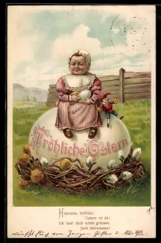 AK Fröhliche Ostern, Junges Mädchen sitzt auf einem grossen Osterei