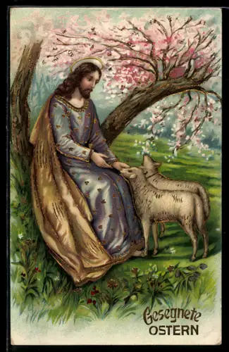 AK Jesus Christus sitzt auf einem Baum mit zwei Schafen, Ostergruss