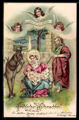 AK Maria und Josef mit Christuskind und Weihnachtsengeln, Esel, Stern über Bethlehem