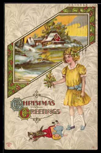 AK Mädchen mit Blumen läuft einer Katze nach, die eine Tasche zieht, Weihnachtsgruss