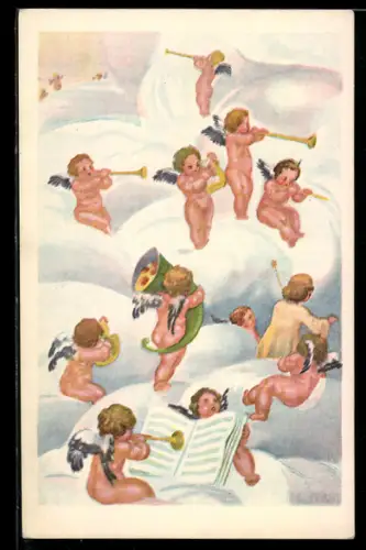 AK Engel mit Füllhorn und Trompeten über den Wolken