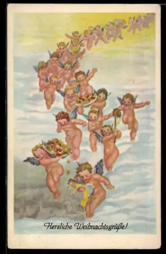 AK Eine Schar Weihnachtsengel trägt Geschenke durch den Himmel